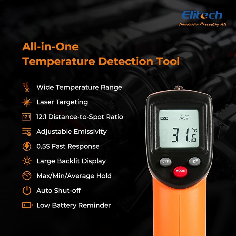 Elitech 2Pack Laser Temperature Gun, Non-Contact Digital Infrared Thermometer, Adjustable Emissivity, Backlight, Handheld for Grill, Meat, Candy, Automotive, HVAC Tools, -50~530°C(-58~986°F), DIT-220 - Image 2